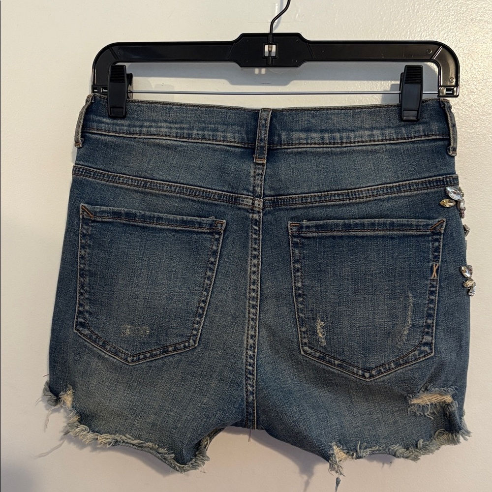 Express Distressed High Rise Boho Cut Off Denim Shorts w/ Rhinestone Details 0 - Picture 7 of 12
